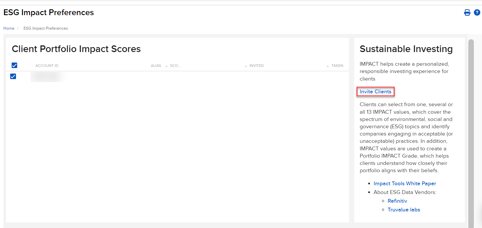 Image of the ESG preferences invite clients panel in portal. 